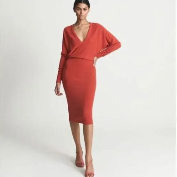 REISS Jenna Red Orange Deep V Neck Midi Sweater Dress S - Picture 2 of 12